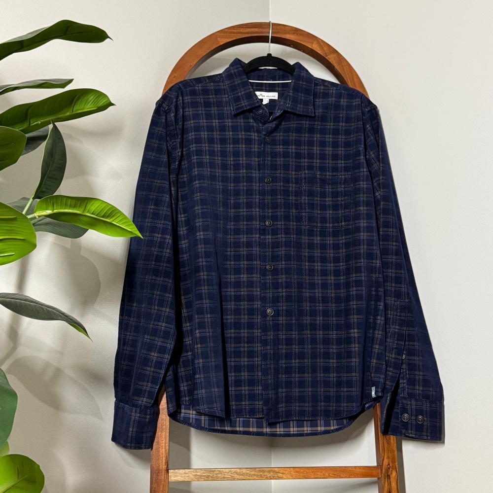 Peter Millar LARGE Blue Corduroy Plaid 100% Cotton Long Sleeve Button Down Shirt